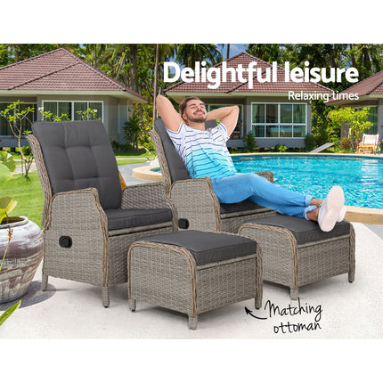 Gardeon 2PC Recliner Chair Sun lounge Wicker Lounger Outdoor Furniture Adjustable Grey.