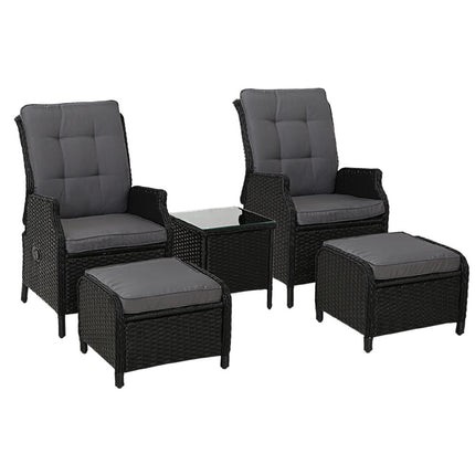 Gardeon 5PC Recliner Chairs Table Sun lounge Wicker Outdoor Furniture Adjustable Black.