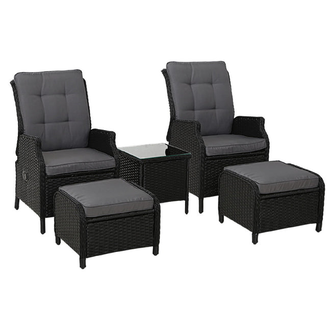 Gardeon 5PC Recliner Chairs Table Sun lounge Wicker Outdoor Furniture Adjustable Black.