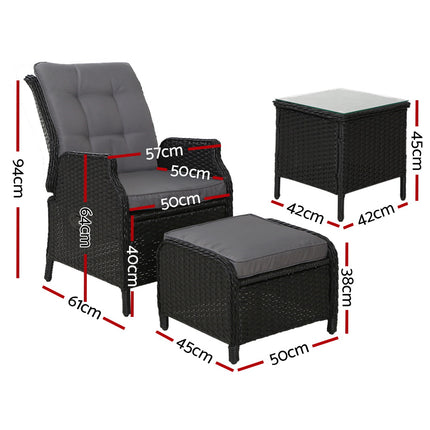 Gardeon 5PC Recliner Chairs Table Sun lounge Wicker Outdoor Furniture Adjustable Black.