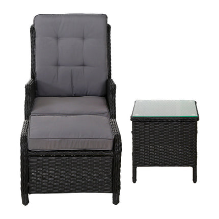 Gardeon 5PC Recliner Chairs Table Sun lounge Wicker Outdoor Furniture Adjustable Black.