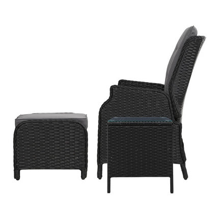 Gardeon 5PC Recliner Chairs Table Sun lounge Wicker Outdoor Furniture Adjustable Black.