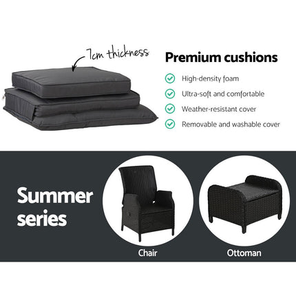 Gardeon 5PC Recliner Chairs Table Sun lounge Wicker Outdoor Furniture Adjustable Black.