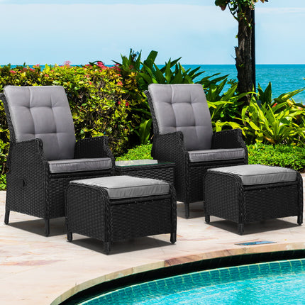 Gardeon 5PC Recliner Chairs Table Sun lounge Wicker Outdoor Furniture Adjustable Black.