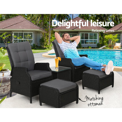 Gardeon 5PC Recliner Chairs Table Sun lounge Wicker Outdoor Furniture Adjustable Black.