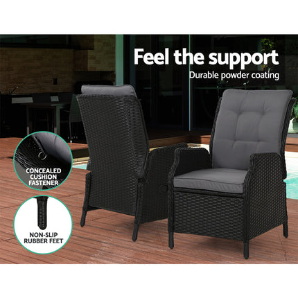 Gardeon 5PC Recliner Chairs Table Sun lounge Wicker Outdoor Furniture Adjustable Black.