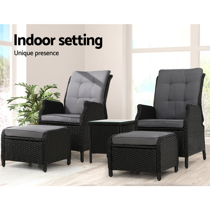 Gardeon 5PC Recliner Chairs Table Sun lounge Wicker Outdoor Furniture Adjustable Black.