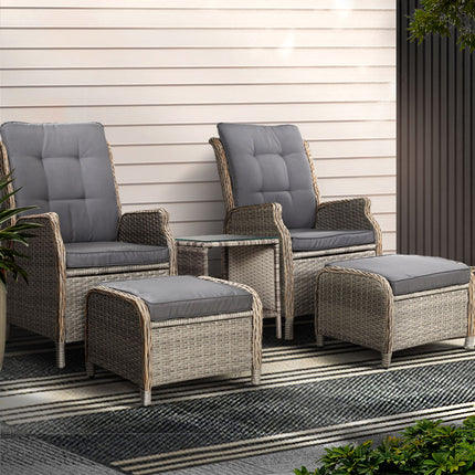 Gardeon 5PC Recliner Chairs Table Sun lounge Wicker Outdoor Furniture Adjustable Grey.