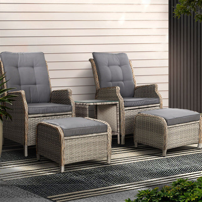 Gardeon 5PC Recliner Chairs Table Sun lounge Wicker Outdoor Furniture Adjustable Grey.