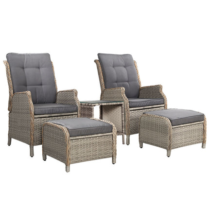 Gardeon 5PC Recliner Chairs Table Sun lounge Wicker Outdoor Furniture Adjustable Grey.
