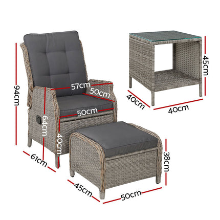 Gardeon 5PC Recliner Chairs Table Sun lounge Wicker Outdoor Furniture Adjustable Grey.
