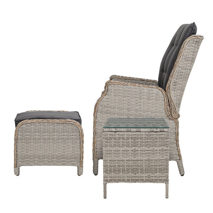 Gardeon 5PC Recliner Chairs Table Sun lounge Wicker Outdoor Furniture Adjustable Grey.