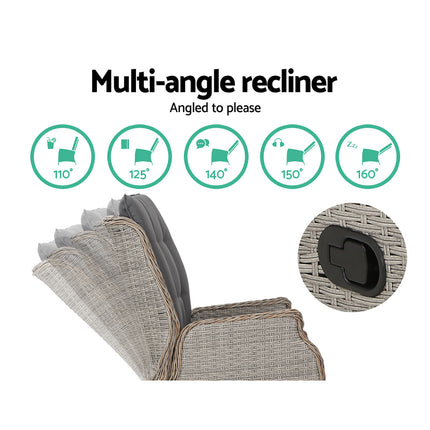 Gardeon 5PC Recliner Chairs Table Sun lounge Wicker Outdoor Furniture Adjustable Grey.