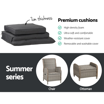 Gardeon 5PC Recliner Chairs Table Sun lounge Wicker Outdoor Furniture Adjustable Grey.
