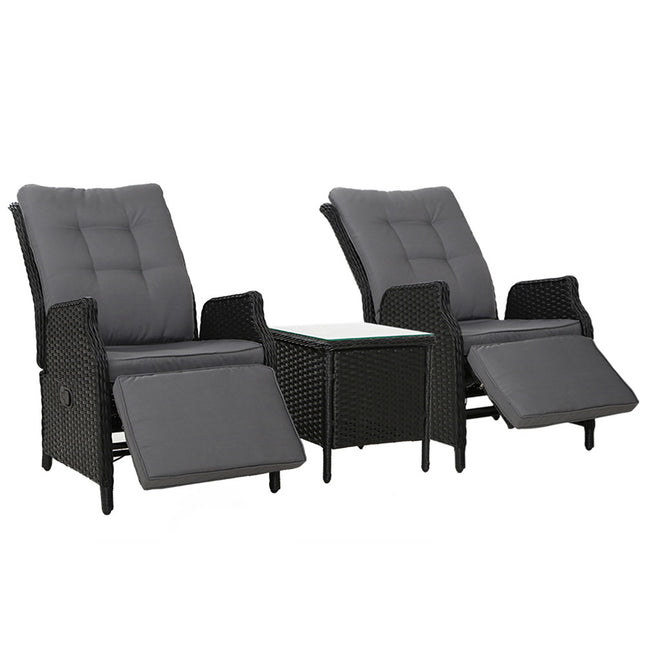 Gardeon 3PC Recliner Chairs Table Sun lounge Outdoor Furniture Wicker Adjustable Black.