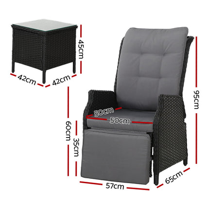 Gardeon 3PC Recliner Chairs Table Sun lounge Outdoor Furniture Wicker Adjustable Black.
