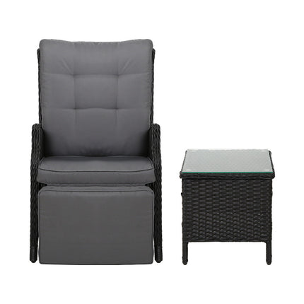 Gardeon 3PC Recliner Chairs Table Sun lounge Outdoor Furniture Wicker Adjustable Black.