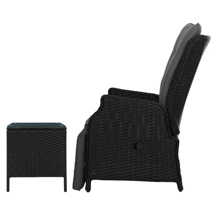 Gardeon 3PC Recliner Chairs Table Sun lounge Outdoor Furniture Wicker Adjustable Black.