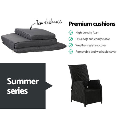 Gardeon 3PC Recliner Chairs Table Sun lounge Outdoor Furniture Wicker Adjustable Black.
