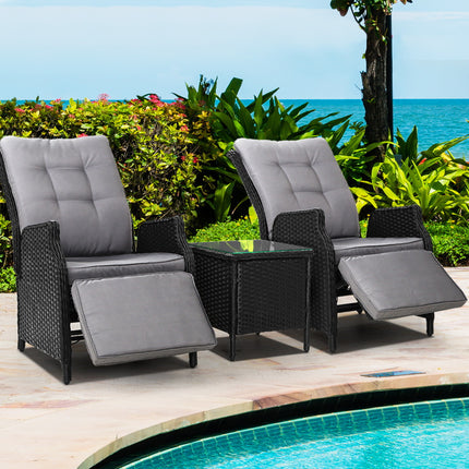 Gardeon 3PC Recliner Chairs Table Sun lounge Outdoor Furniture Wicker Adjustable Black.
