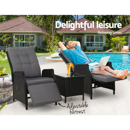 Gardeon 3PC Recliner Chairs Table Sun lounge Outdoor Furniture Wicker Adjustable Black.