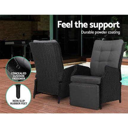 Gardeon 3PC Recliner Chairs Table Sun lounge Outdoor Furniture Wicker Adjustable Black.