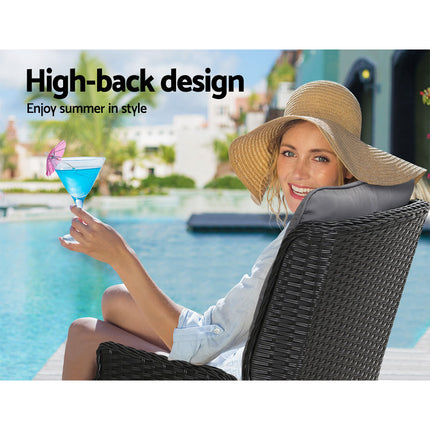 Gardeon 3PC Recliner Chairs Table Sun lounge Outdoor Furniture Wicker Adjustable Black.