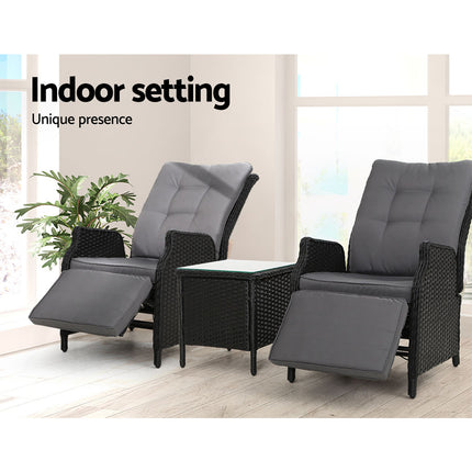 Gardeon 3PC Recliner Chairs Table Sun lounge Outdoor Furniture Wicker Adjustable Black.