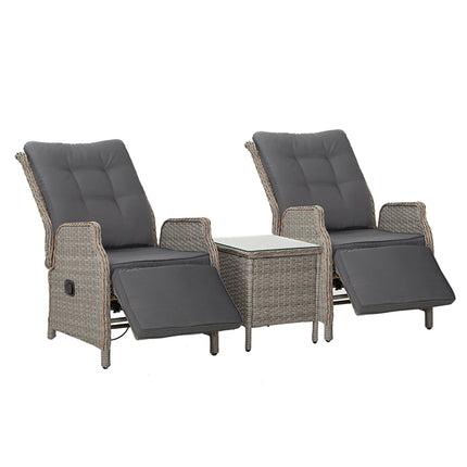 Gardeon 3PC Recliner Chairs Table Sun lounge Outdoor Furniture Wicker Adjustable Grey.