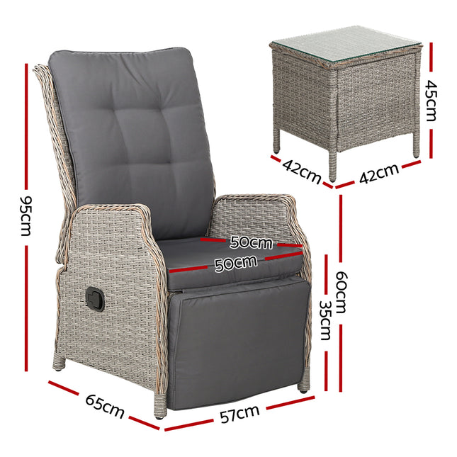 Gardeon 3PC Recliner Chairs Table Sun lounge Outdoor Furniture Wicker Adjustable Grey.