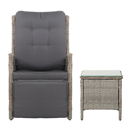 Gardeon 3PC Recliner Chairs Table Sun lounge Outdoor Furniture Wicker Adjustable Grey.
