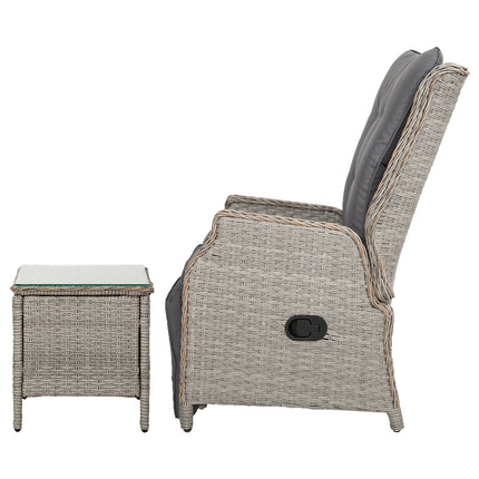 Gardeon 3PC Recliner Chairs Table Sun lounge Outdoor Furniture Wicker Adjustable Grey.