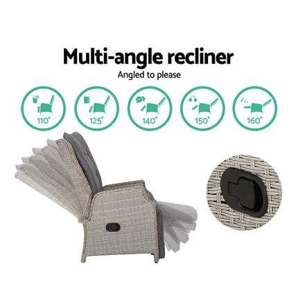 Gardeon 3PC Recliner Chairs Table Sun lounge Outdoor Furniture Wicker Adjustable Grey.