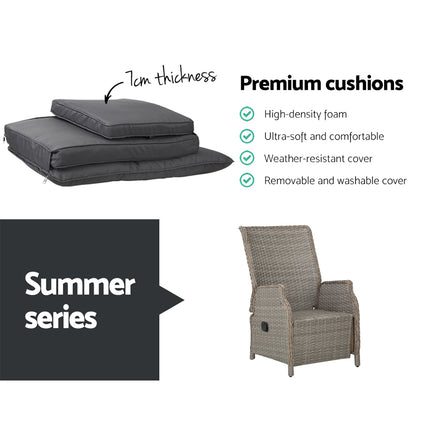 Gardeon 3PC Recliner Chairs Table Sun lounge Outdoor Furniture Wicker Adjustable Grey.