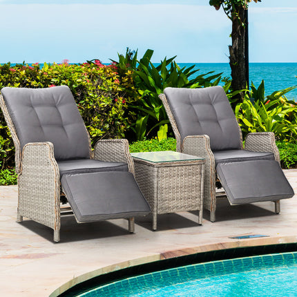 Gardeon 3PC Recliner Chairs Table Sun lounge Outdoor Furniture Wicker Adjustable Grey.
