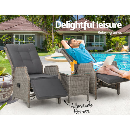 Gardeon 3PC Recliner Chairs Table Sun lounge Outdoor Furniture Wicker Adjustable Grey.