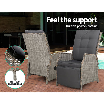Gardeon 3PC Recliner Chairs Table Sun lounge Outdoor Furniture Wicker Adjustable Grey.