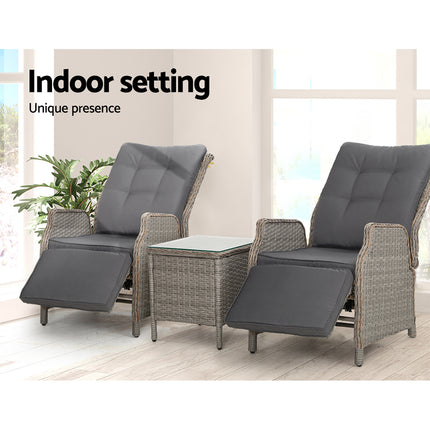 Gardeon 3PC Recliner Chairs Table Sun lounge Outdoor Furniture Wicker Adjustable Grey.