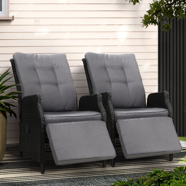 Gardeon 2PC Recliner Chairs Sun lounge Wicker Lounger Outdoor Furniture Adjustable Black.