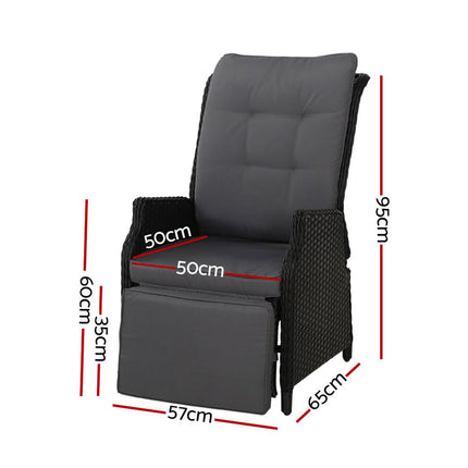 Gardeon 2PC Recliner Chairs Sun lounge Wicker Lounger Outdoor Furniture Adjustable Black.