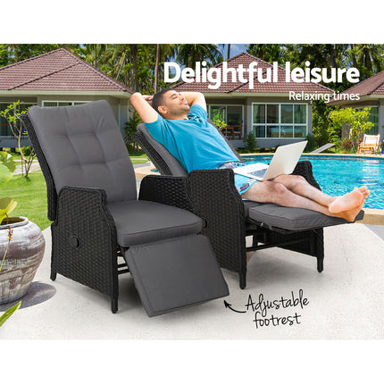 Gardeon 2PC Recliner Chairs Sun lounge Wicker Lounger Outdoor Furniture Adjustable Black.