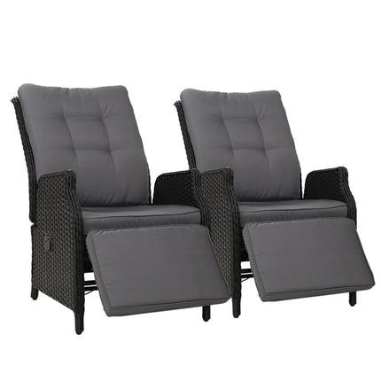 Gardeon 2PC Recliner Chairs Sun lounge Wicker Lounger Outdoor Furniture Adjustable Black.