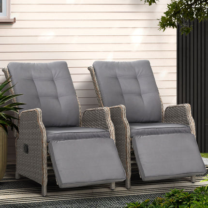 Gardeon 2PC Recliner Chairs Sun lounge Wicker Lounger Outdoor Furniture Adjustable Grey.