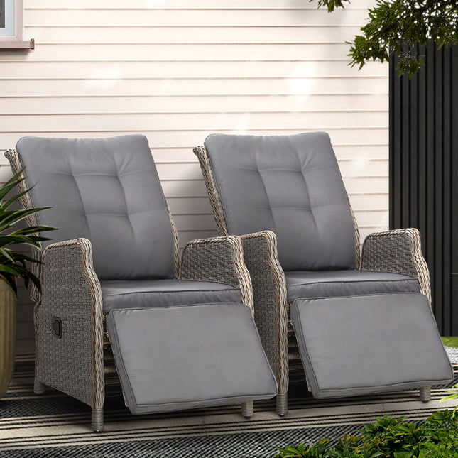 Gardeon 2PC Recliner Chairs Sun lounge Wicker Lounger Outdoor Furniture Adjustable Grey.