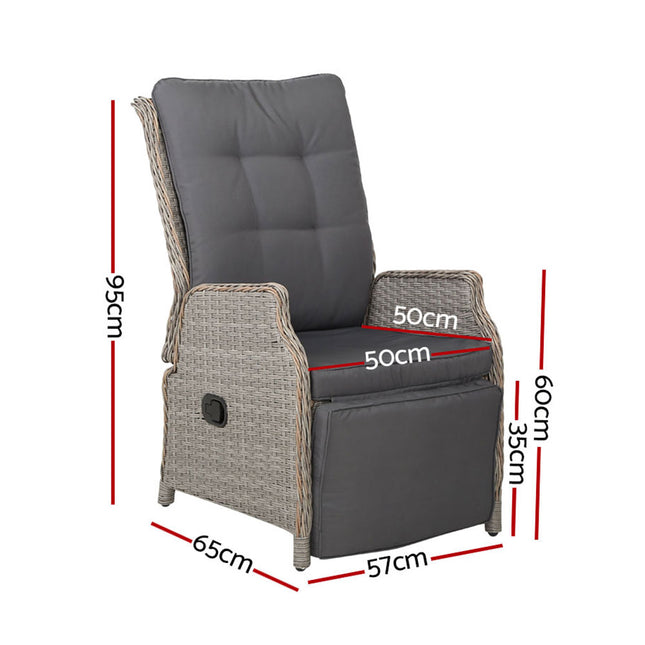 Gardeon 2PC Recliner Chairs Sun lounge Wicker Lounger Outdoor Furniture Adjustable Grey.