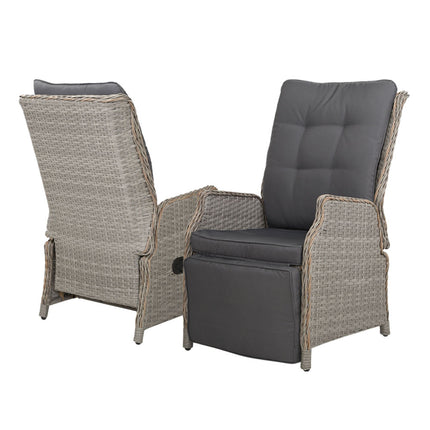 Gardeon 2PC Recliner Chairs Sun lounge Wicker Lounger Outdoor Furniture Adjustable Grey.