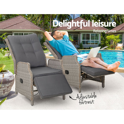 Gardeon 2PC Recliner Chairs Sun lounge Wicker Lounger Outdoor Furniture Adjustable Grey.