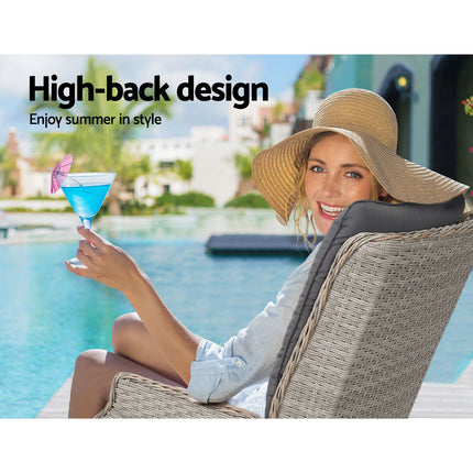 Gardeon 2PC Recliner Chairs Sun lounge Wicker Lounger Outdoor Furniture Adjustable Grey.