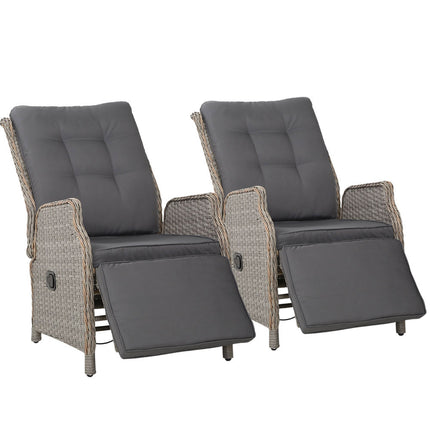 Gardeon 2PC Recliner Chairs Sun lounge Wicker Lounger Outdoor Furniture Adjustable Grey.