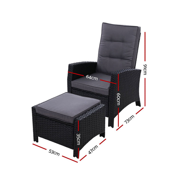 Gardeon Recliner Chair Sun lounge Wicker Lounger Outdoor Patio Furniture Adjustable Black.